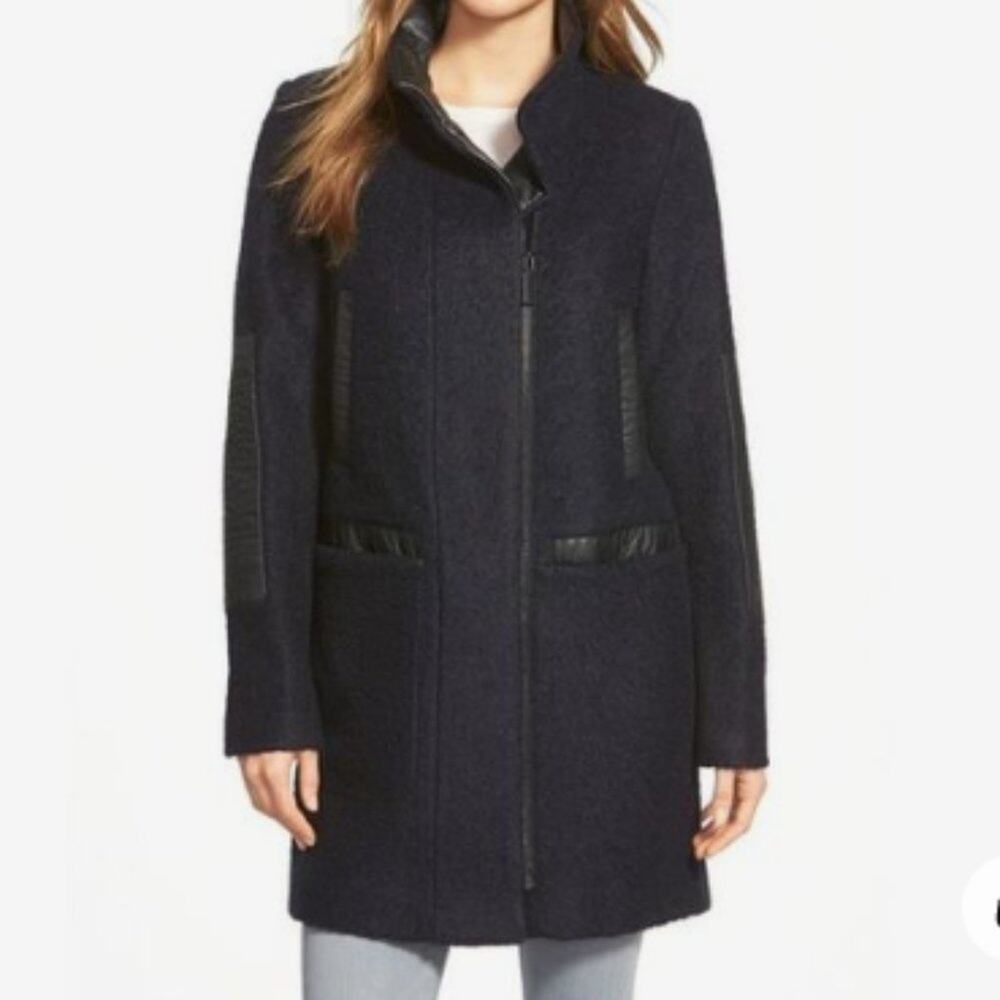 Vince Camuto Faux Leather Trim Wool Blend‎ Boucle Coat Size XL